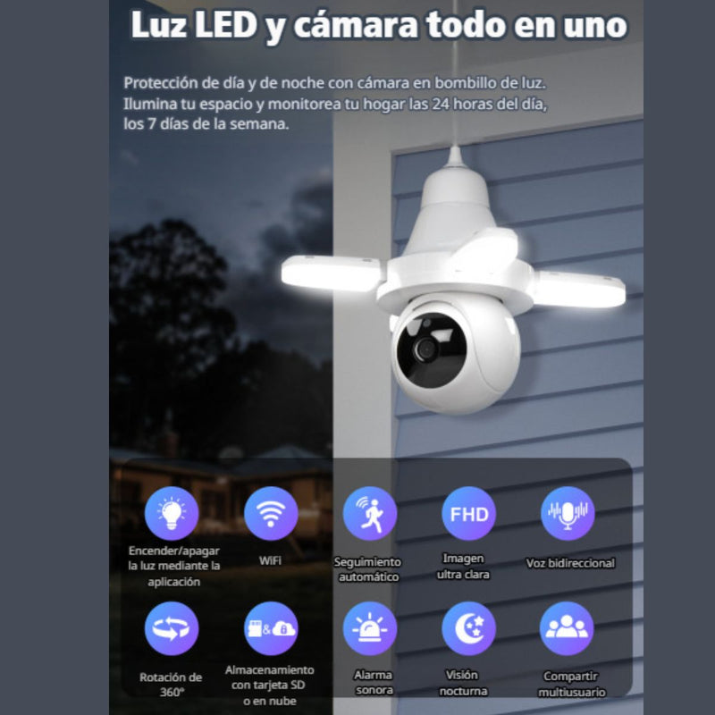 Cámara de Seguridad WiFi 360° Tipo Bombillo Socket con Visión Nocturna. Cámara de Videovigilancia con Detección de Movimiento y Luz LED Integrada.