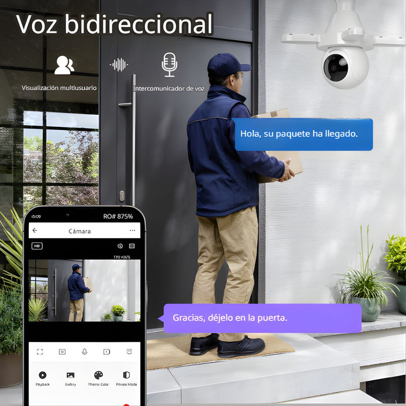 Cámara de Seguridad WiFi 360° Tipo Bombillo Socket con Visión Nocturna. Cámara de Videovigilancia con Detección de Movimiento y Luz LED Integrada.