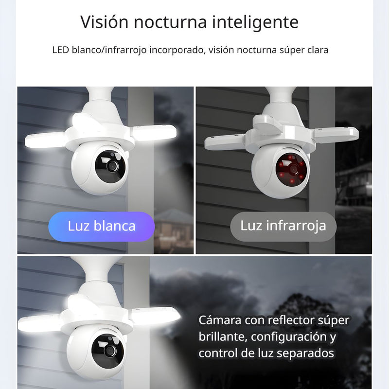 Cámara de Seguridad WiFi 360° Tipo Bombillo Socket con Visión Nocturna. Cámara de Videovigilancia con Detección de Movimiento y Luz LED Integrada.