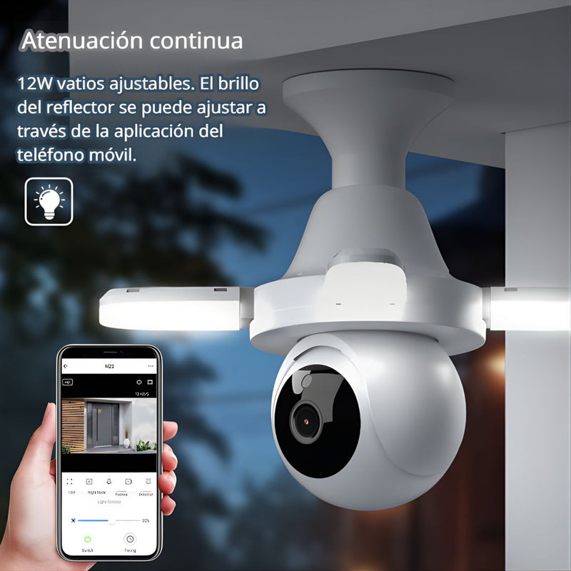 Cámara de Seguridad WiFi 360° Tipo Bombillo Socket con Visión Nocturna. Cámara de Videovigilancia con Detección de Movimiento y Luz LED Integrada.