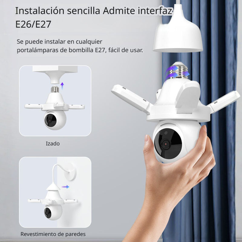 Cámara de Seguridad WiFi 360° Tipo Bombillo Socket con Visión Nocturna. Cámara de Videovigilancia con Detección de Movimiento y Luz LED Integrada.