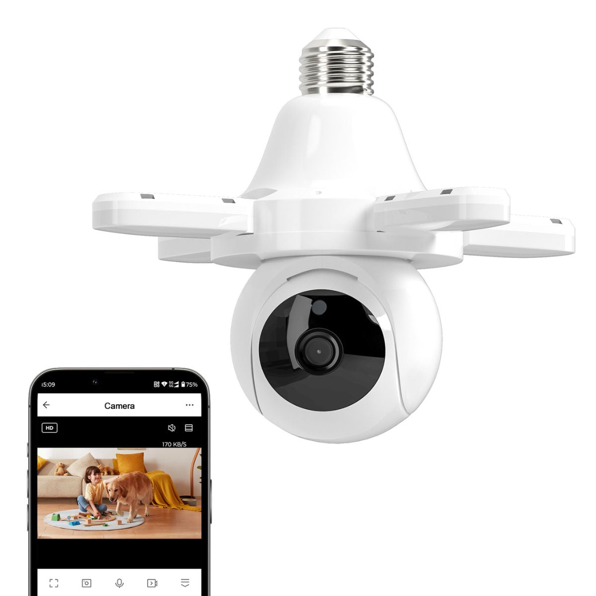 Cámara de Seguridad WiFi 360° Tipo Bombillo Socket con Visión Nocturna. Cámara de Videovigilancia con Detección de Movimiento y Luz LED Integrada.