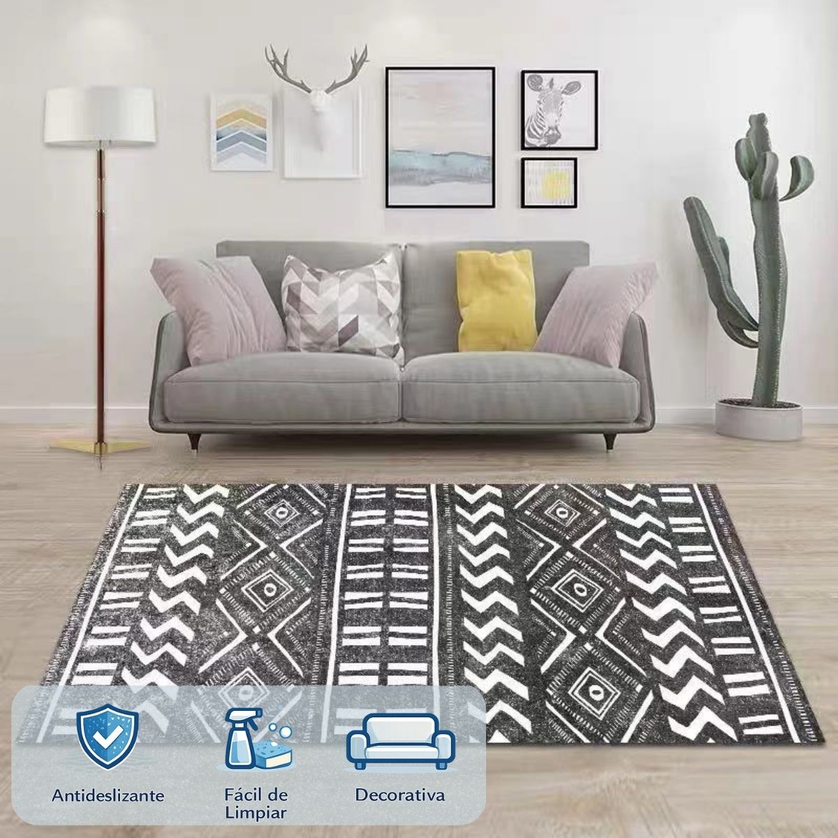 Alfombra Decorativa Estilo Étnico en Blanco y Negro para Sala o Dormitorio. Tapete Antideslizante Lavable (180x280cm). Tapete
