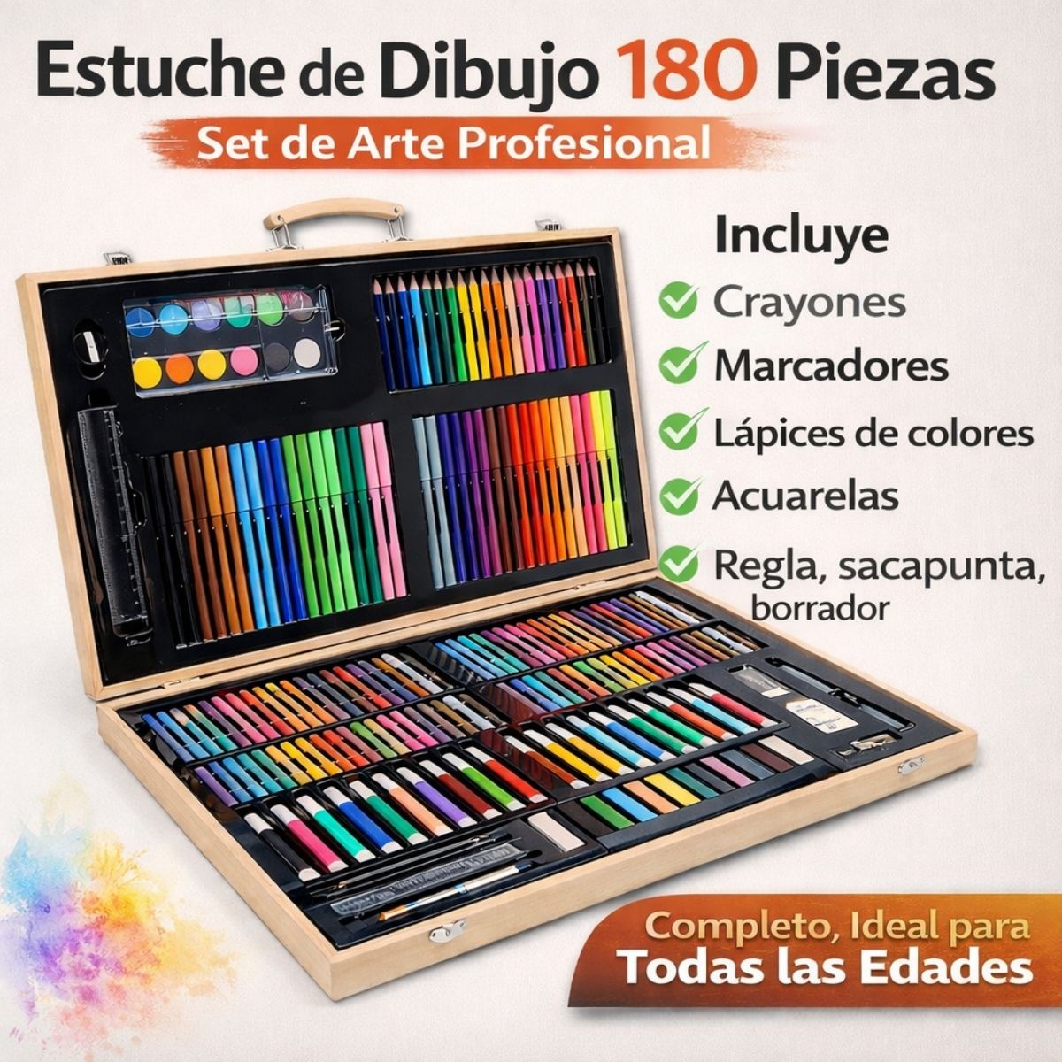 Lápices de Colores, Marcadores, Acuarelas y Accesorios Maletin De Arte Para Dibujo y Pintura 180 Piezas. Maletin De Madera