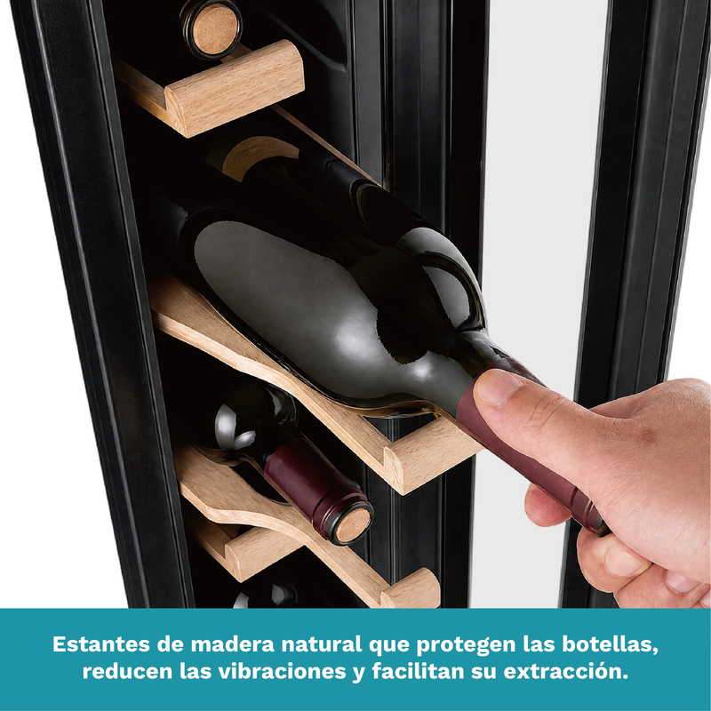 Vinera Empotrable 7 Botellas con Estantes de Madera. Enfriador de Vino con Doble Zona de Temperatura Panel Touch 5-22°C. Color Negro