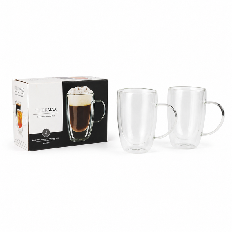 Tazas de Vidrio Doble Pared para Capuchino y Café 14.9 Oz (440ml). Coffee Mugs Transparente con Asa para Té y Bebidas (Set de 2)