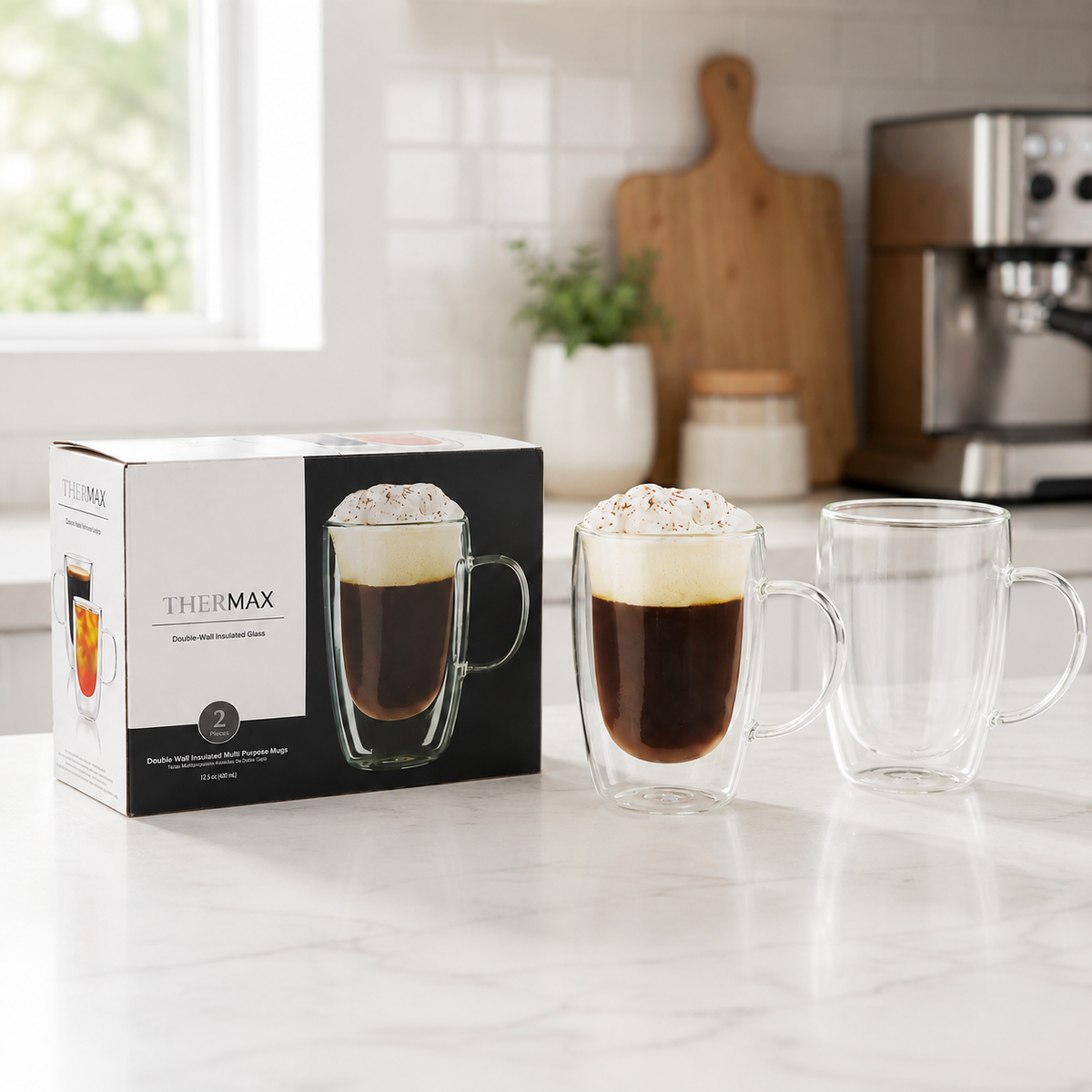 Tazas de Vidrio Doble Pared para Capuchino y Café 14.9 Oz (440ml). Coffee Mugs Transparente con Asa para Té y Bebidas (Set de 2)