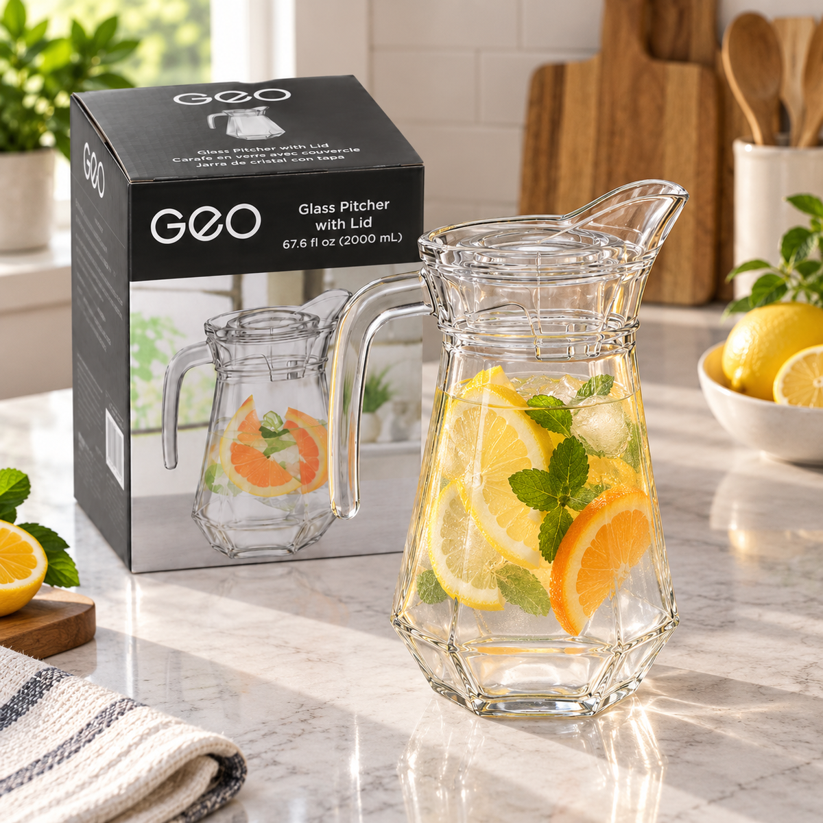 Jarra de Vidrio Transparente con Tapa de 47.25 oz (1.4L)  Ideal para Agua y Bebidas (4.05x3.4x8.5")