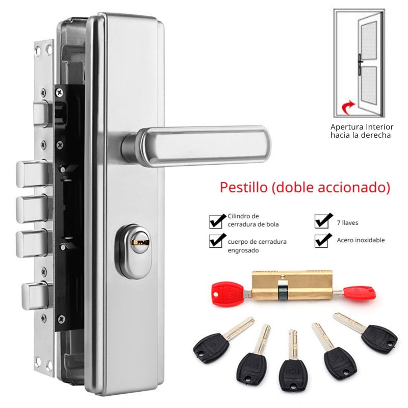 Cerradura De Seguridad Antirrobo De Acero Inoxidable Con Pestillo Cuadrado Doble Accionado Para Puertas De 45-55 mm. Incluye 7 llaves. Apertura Izquierda hacia adentro