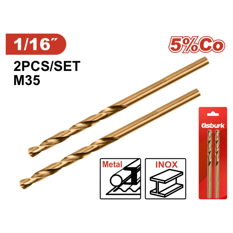 Broca HSS Acero Alta Velocidad. 1/16" Ideal para Metal. Punta 135° Cobalto 5% Se vende en Set.