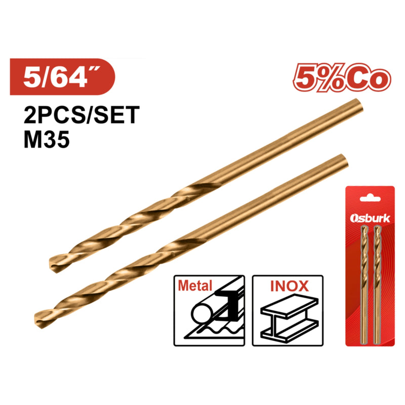 Broca HSS Acero Alta Velocidad. 5/64" Ideal para Metal. Punta 135° Cobalto 5% Se vende en Set.