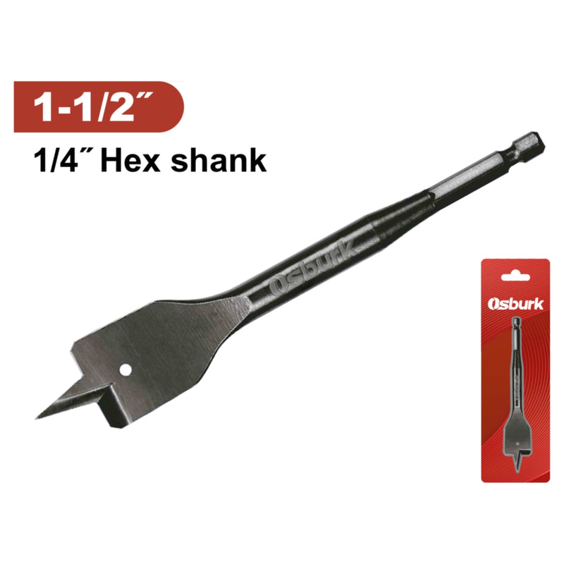 Broca plana para madera 1-1/2" Vástago alta resistencia. Manita para taladro.