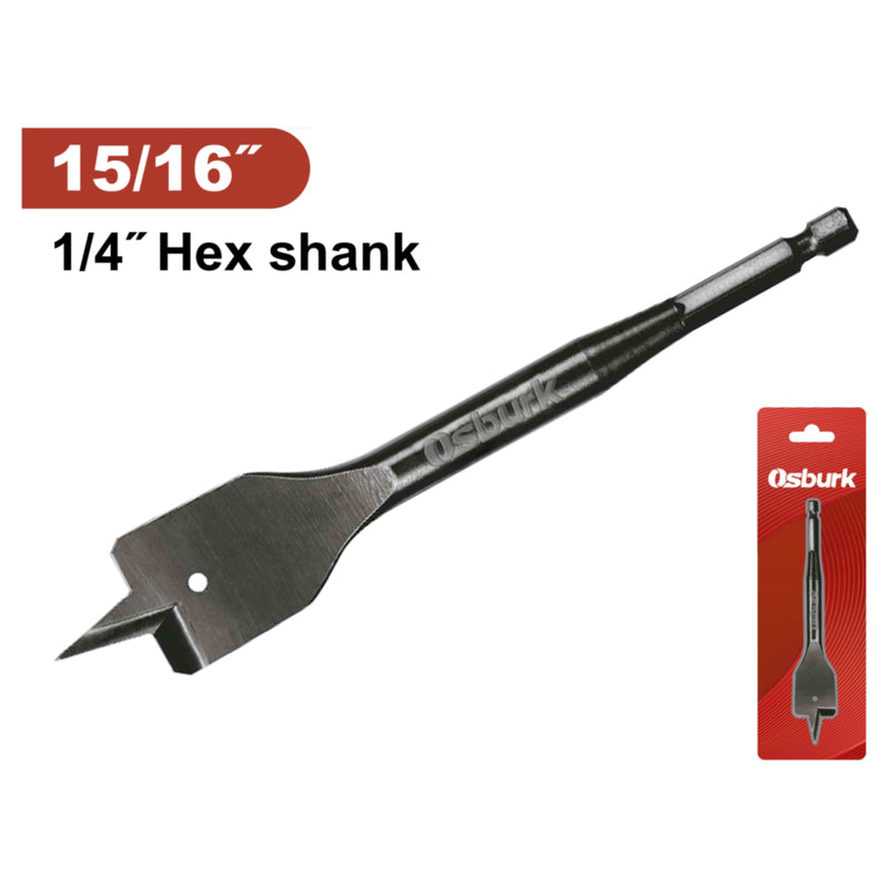 Broca plana para madera 15/16" Vástago alta resistencia. Manita para taladro.