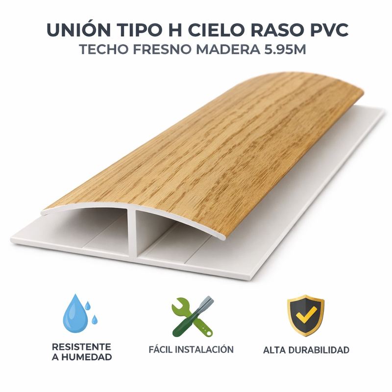 Union tipo H accesorio Cielo Raso PVC techo Fresno madera  5.95m  Resistente a Humedad Fácil Instalación Alta Durabilidad