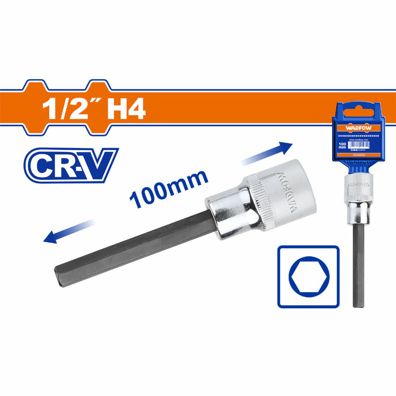 Dados Largos de Punta Hexagonal 1/2".Largo:100mm. Cr-V. Térmico. Cromado.