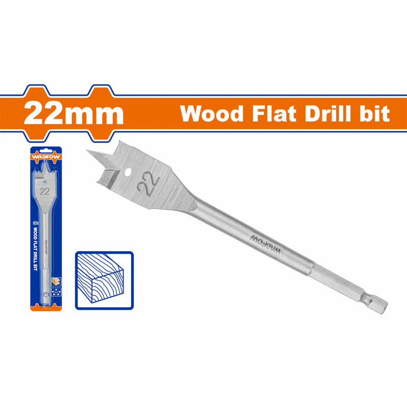 Broca plana para madera de 22mm. Zanco hexagonal de 1/4". Manita para taladro.