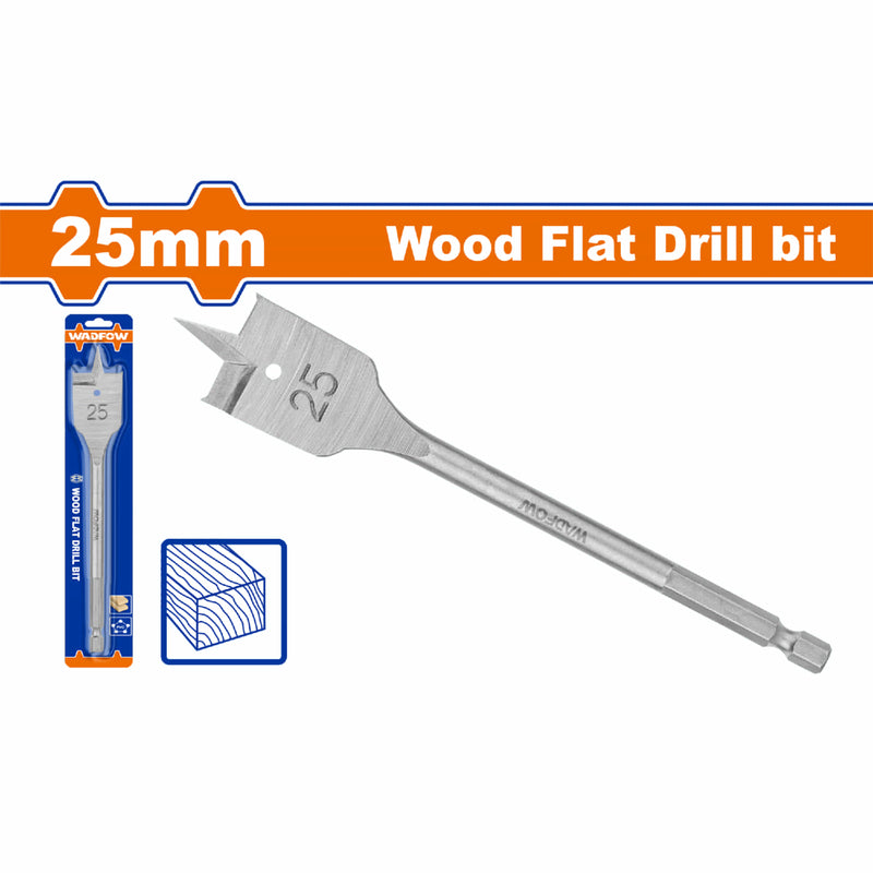Broca plana para madera de 25mm. Zanco hexagonal de 1/4". Manita para taladro.