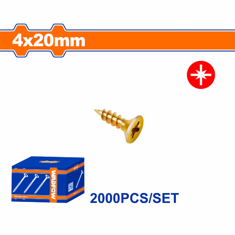 Tornillos para aglomerado 4x20mm. Pozidrive. Cabeza doble avellanada. Amarillo. Paq. de 2000 piezas.