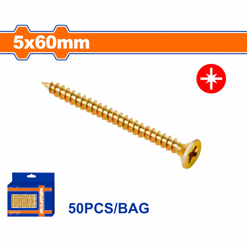 Tornillo para aglomerado Pozidrive. 5x60mm. Cabeza avellanada. Acero al carbono 50 pzas
