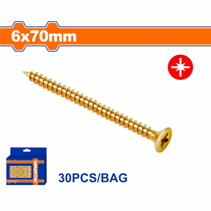 Tornillo para aglomerado Pozidrive. 6x70mm. Cabeza avellanada. Acero al carbono 30 pzas