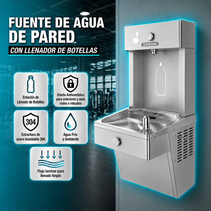 Fuente de Agua de Pared Antivandálica de Acero Inoxidable Con Llenador De Botellas Y Enfriador. Bebedero (450x466x969mm)