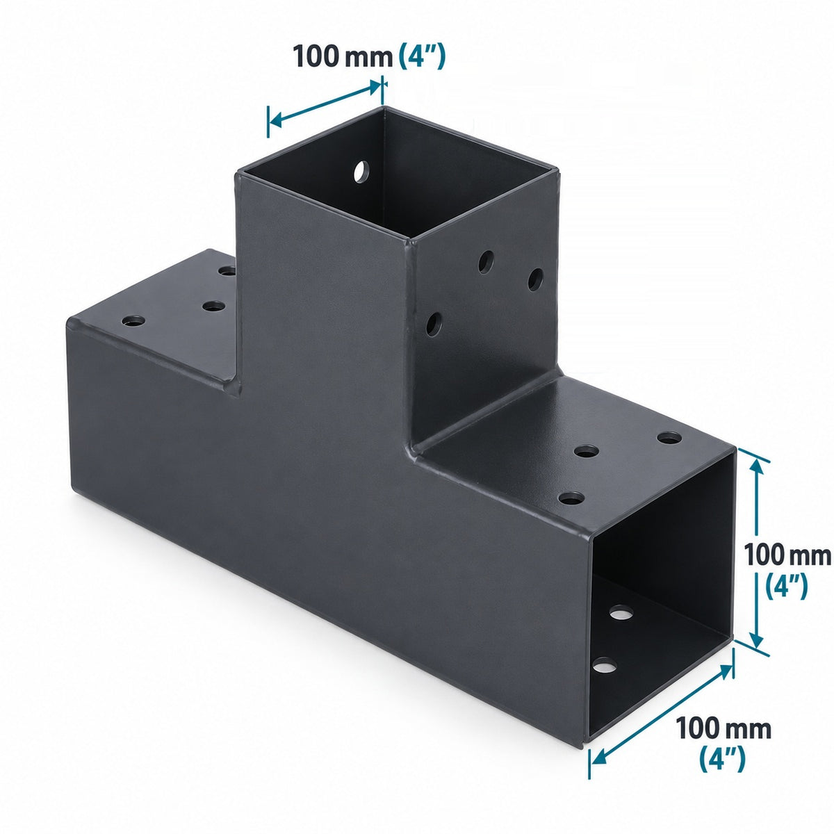 Conector Metálico Pérgolas De Tres Vías Para Tubo WPC. Unión Soporte 3 Vías para Herrajes (100×100mm). Color Negro