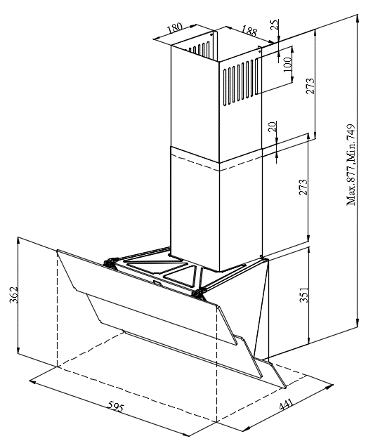 Campana Extractora 60 cm  Vidrio Negro Curvo 3 Paneles, Motor 500 m³/h, 110V