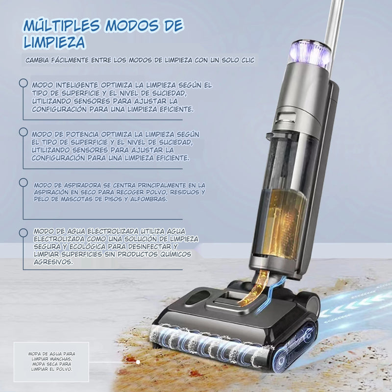Aspiradora inteligente inalámbrica recargable, Mopa y aspira, seco y húmedo 200W batería 22,2V 4000 mAh LI-ION función de autolimpieza, secado y electrolisis de agua