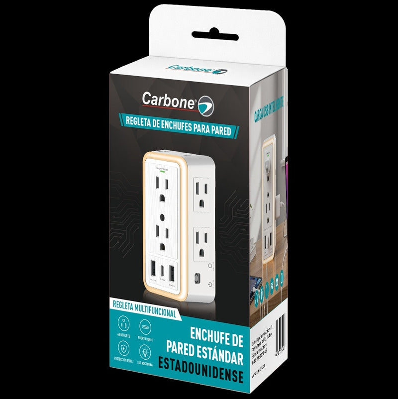 Regleta de Enchufes para Pared Carbone con Protector de Sobretensiones y USB mas 6 enchufes