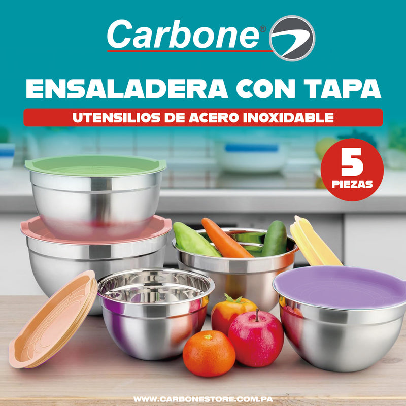 Tazones bowl De Acero Inoxidable Con Tapa. Multifuncionales Colores surtidos. (Set de 5piezas) Tamaños 18-26cm  Bowl de cocina. Base antideslizante