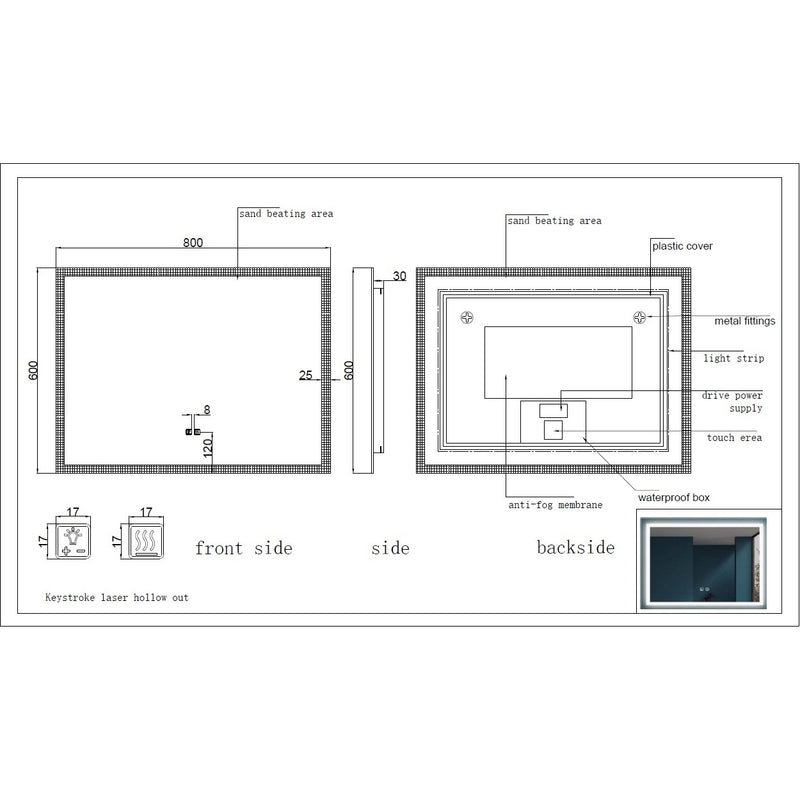 Espejo baño rectangular con luz led y sistema antiempañante (Alto 60 cm x Largo 80 cm)