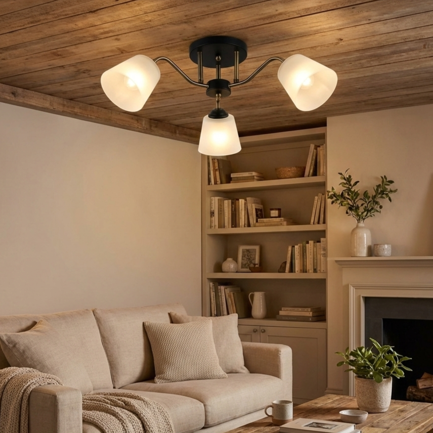 Lámpara de Techo Negra 3XE27 Metal y Vidrio 580x230mm Versátil Moderna.