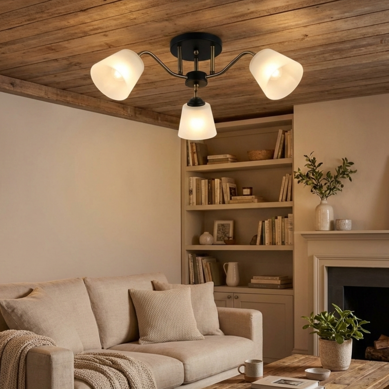 Lámpara de Techo Negra 3XE27 Metal y Vidrio 580x230mm Versátil Moderna.