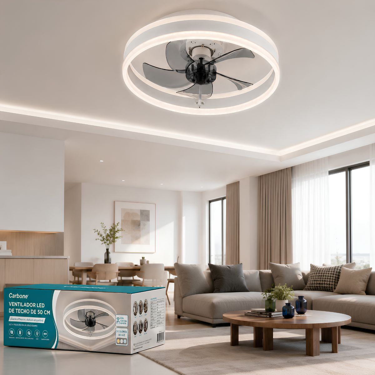 Abanico de Techo Ventilador LED (Color Blanco). 20" (50 cm de diametro) 3 Tonos de Luz. Ventilador Silencioso 110V.