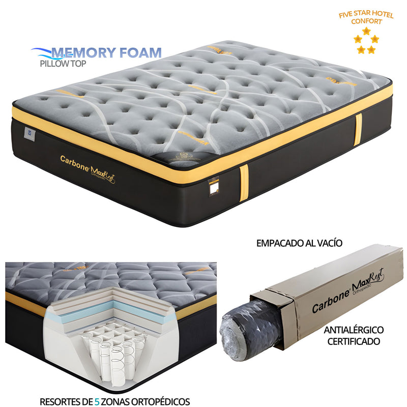 Colchón Empacado al Vacío Pillow Top Memory Foam con resortes 5 zonas  Ortopédico-QUEEN