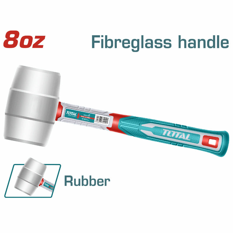 Martillo de goma 8 OZ/220g 45% goma natural blanca suave. Mango de fibra de vidrio