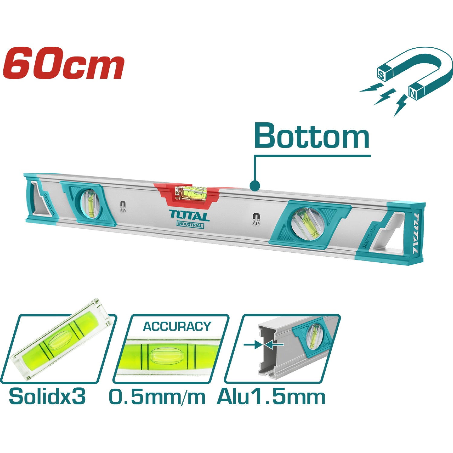 Nivel de burbuja magnetico de 60 cm en aluminio