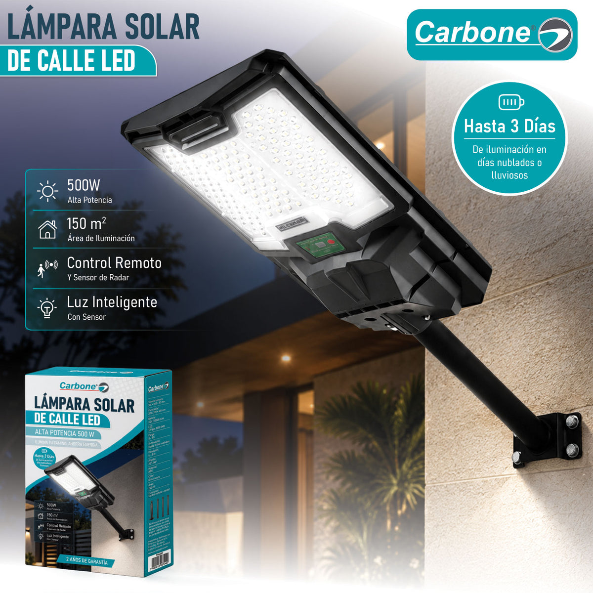 Lámpara Solar LED Exterior de 500W Con Control Remoto Sensor, Radar Y Luz Inteligente. Autonomía Hasta 3 días. Cobertura 150m². No incluye tubo/poste.