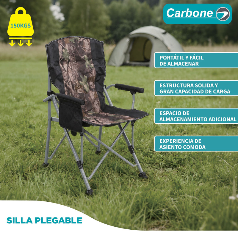 Silla Plegable Reforzada Camuflaje con Portaobjetos y Respaldo Acolchado Tela Oxford Ergonómica 60x55x92cm