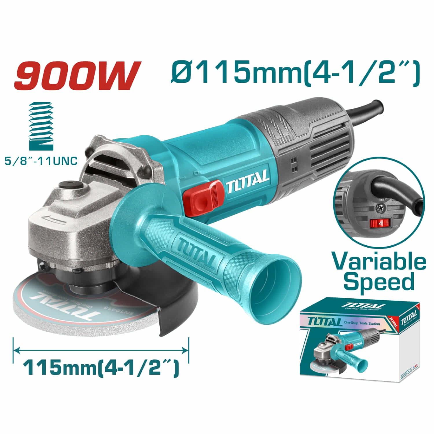 Esmeriladora Angular flexible 900W. Velocidad variable: 5000-12000rpm. Diámetro del disco: 4-1/2" Rosca del husillo: 5/8"-11UNC Velocidad variable. Con mango auxiliar. No incluye disco.