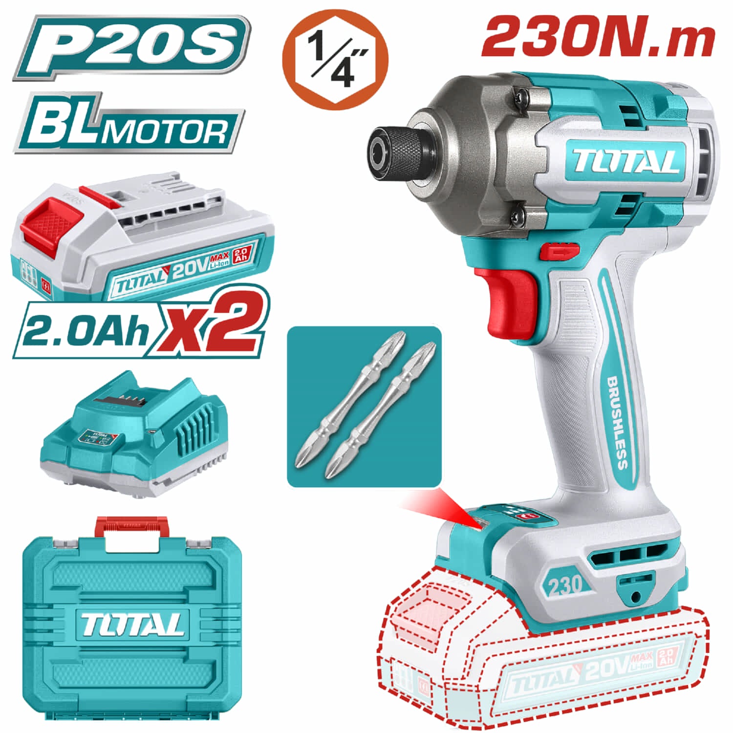 Llave de impacto dado hexagonal 1/4" 20V 230Nm Motor sin escobillas. Incluye Batería y cargador.
