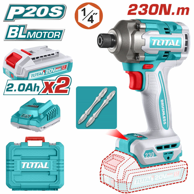 Llave de impacto dado hexagonal 1/4" 20V 230Nm Motor sin escobillas. Incluye Batería y cargador.