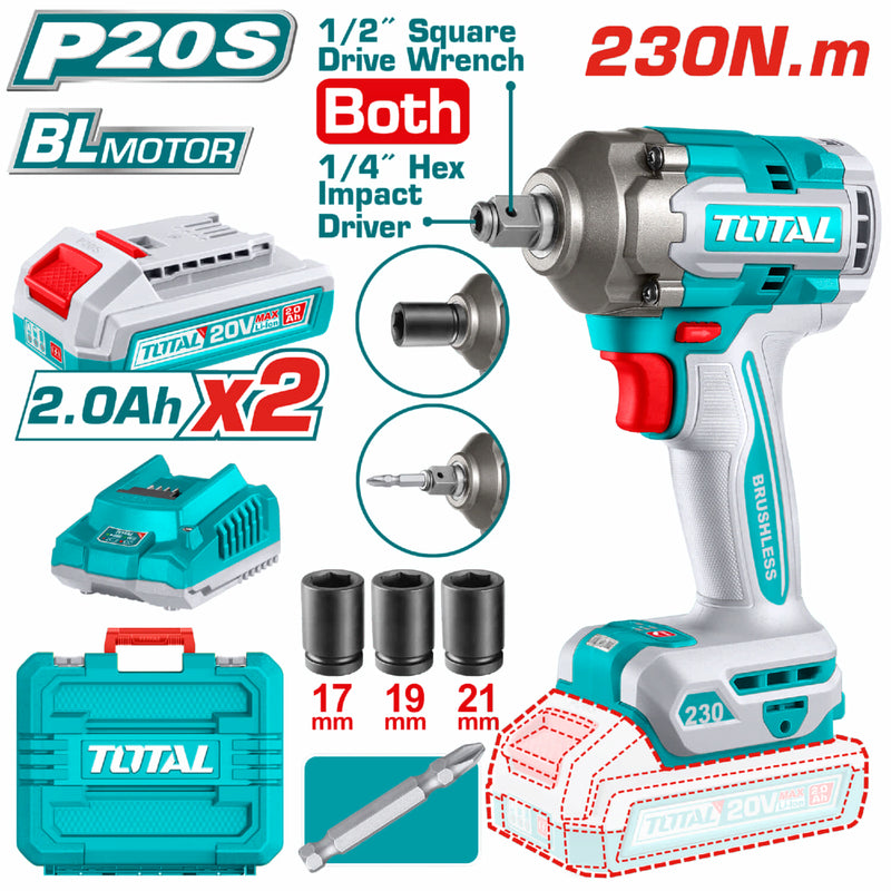Taladro Inalámbrico 1/2" y Llave de Impacto 1/4"  de dados y puntas hexagonales 2 en 1 20V TOTAL 230Nm. 2600 rpm 2900 bpm. Incluye batería y cargador.