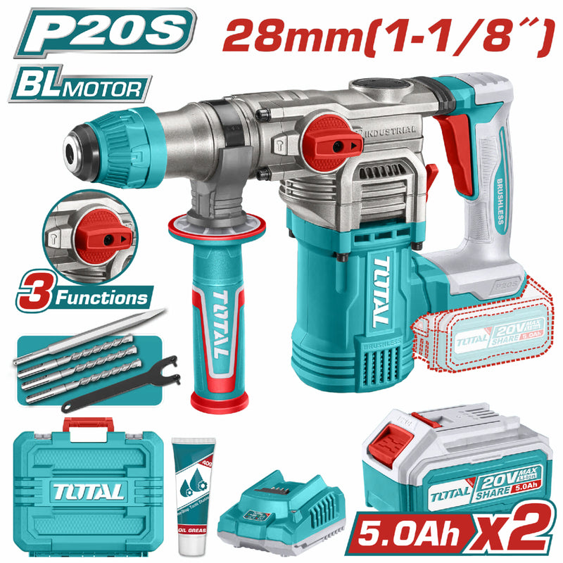 Taladro Rotomartillo 20V 930rpm. 4400 bpm. Perfora 28mm en concreto. Incluye batería y cargador. Super Total