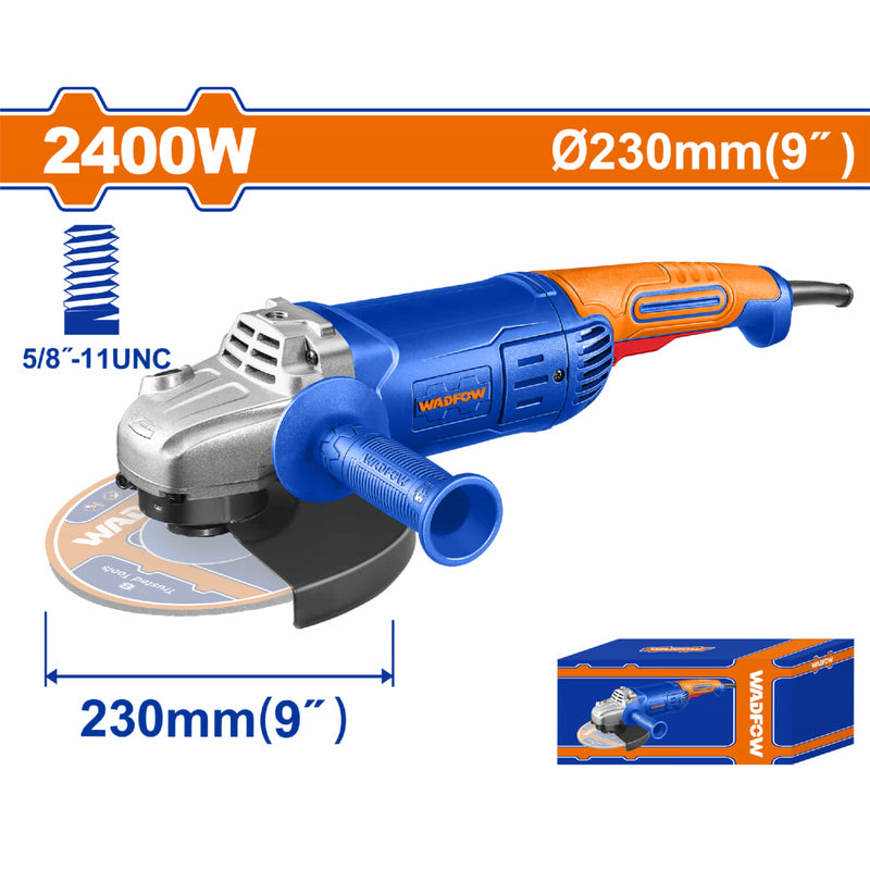 Esmeriladora Angular 9" 2400W. 110-120V ~ 50/60Hz. 6400rpm. No incluye disco. Esmeril Flexible.