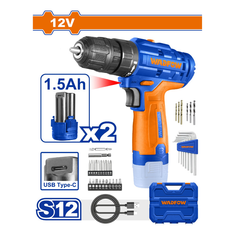 Taladro drill Inálámbrico de 12V  0-400/0-1500rpm. 20Nm  Torque:15+1  Carga USB.