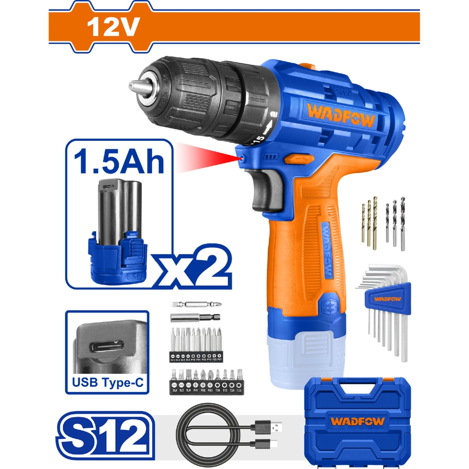 Taladro drill Inálámbrico de 12V  0-400/0-1500rpm. 20Nm  Torque:15+1  Carga USB.