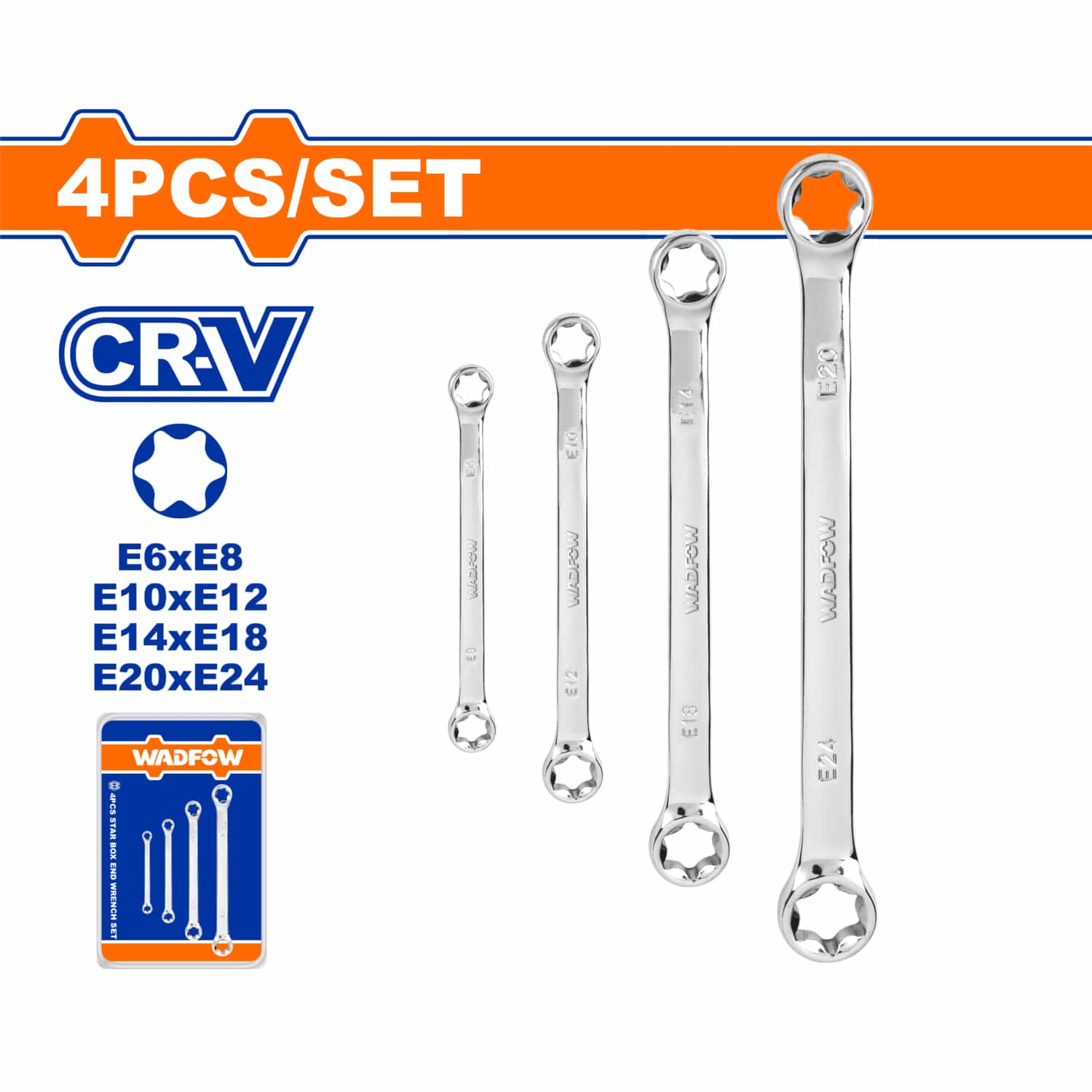 Llaves de Estrella Set de 4 piezas. Tamaños: E6-E24. Cr-V. Fino Pulido. Se vende en Set.