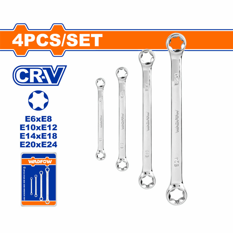 Llaves de Estrella Set de 4 piezas. Tamaños: E6-E24. Cr-V. Fino Pulido. Se vende en Set.