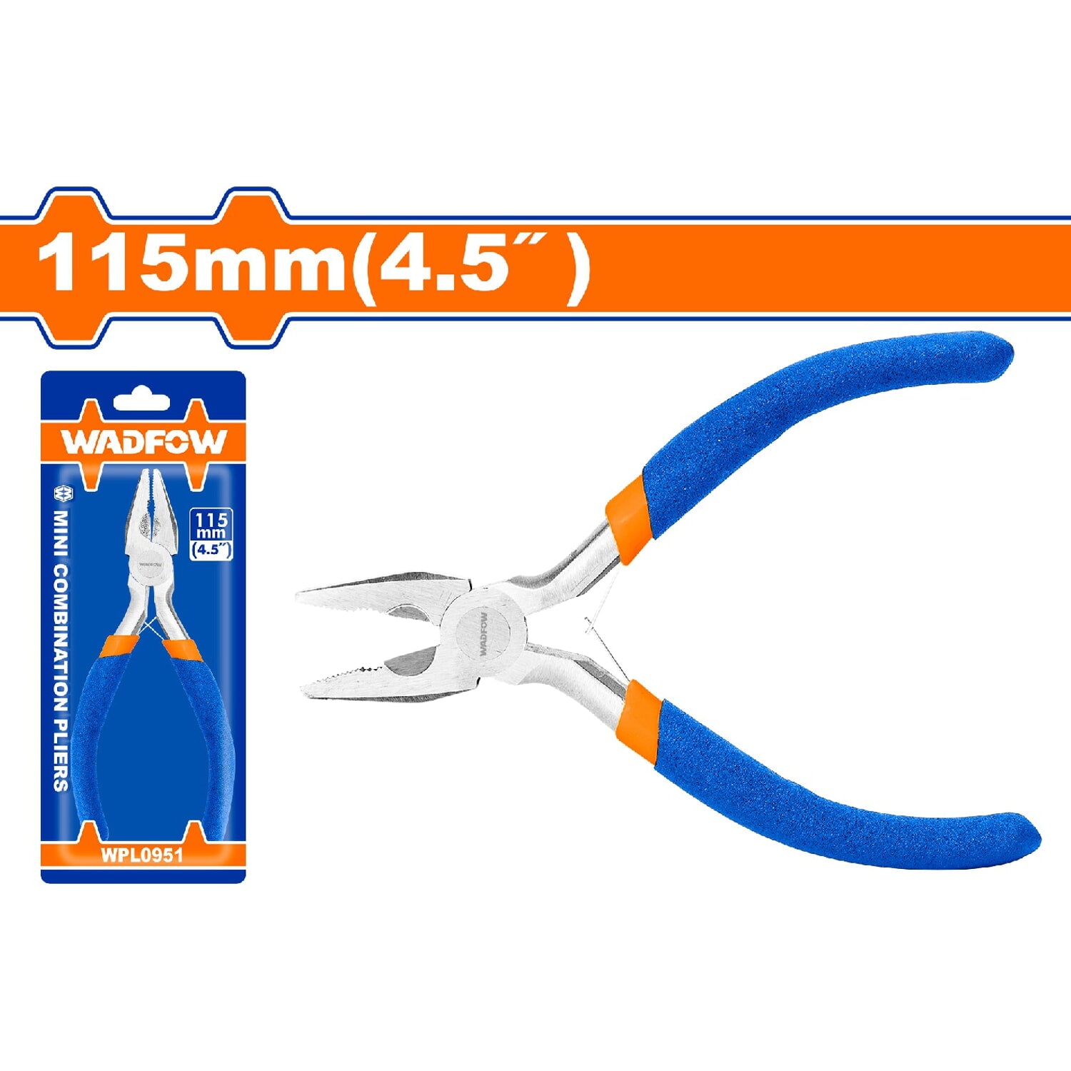 Mini alicate de combinación 115mm (4.5") Pulido y antióxido. Con mango de plástico.